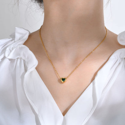 Rockyu レディース ネックレス グリーン ハートペンダント ステンレス鋼 金属アレルギー対応 一粒ジルコニア 記念日 プレゼント