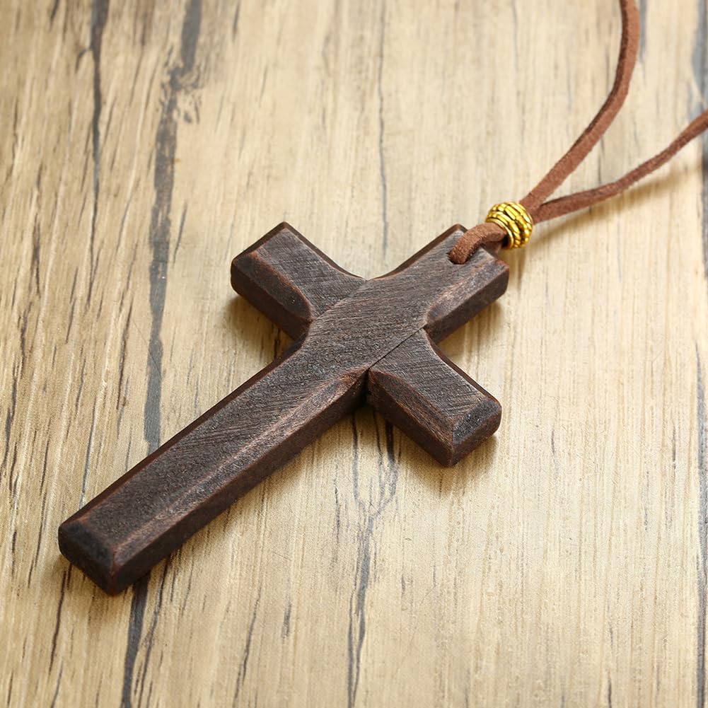 Rockyu ネックレス メンズ 木製 クロス チャーム 十字架 ロング紐 カジュアル 立体デザイン