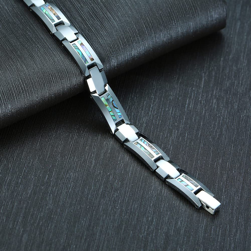 Rockyu タングステン磁気ブレスレット メンズ シルバー・ブルー シェルインレイ 静電気対策 4種天然エレメント搭載