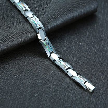 Rockyu タングステン磁気ブレスレット メンズ シルバー・ブルー シェルインレイ 静電気対策 4種天然エレメント搭載