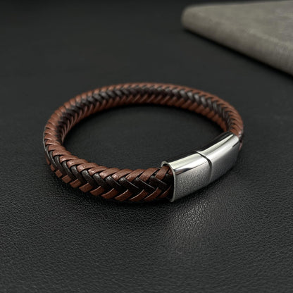 Rockyu ブラウン編み込みレザーブレスレット メンズ マグネット式