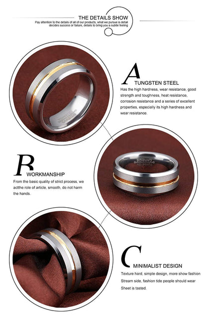 Rockyu メンズリング タングステン シルバー 8mm ヘアライン加工 マット質感 ゴールドライン入り指輪