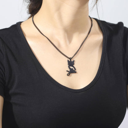 Rockyu 猫ネックレス レディース ステンレス製 シンプル 黒猫ペンダント 金属アレルギー対応