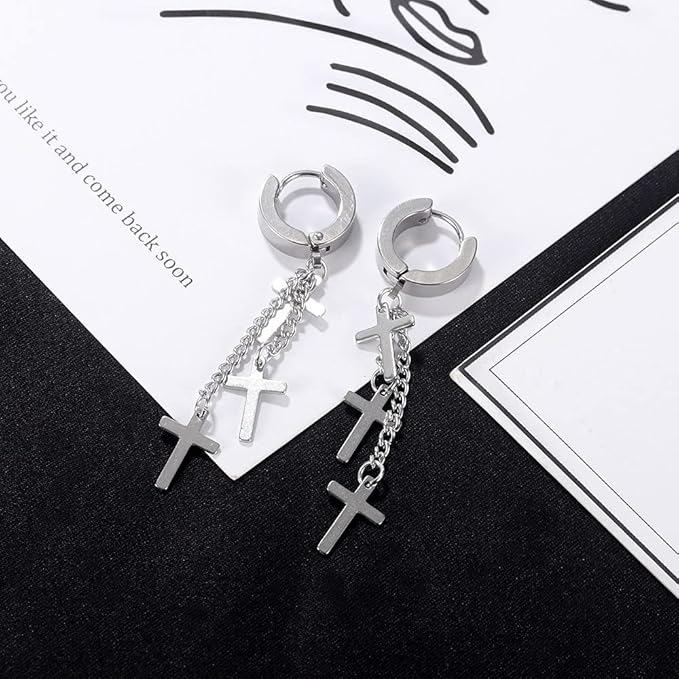 Rockyu ピアス メンズ チタン製 クロスチェーン フープピアス ステンレス製 アレルギー対応