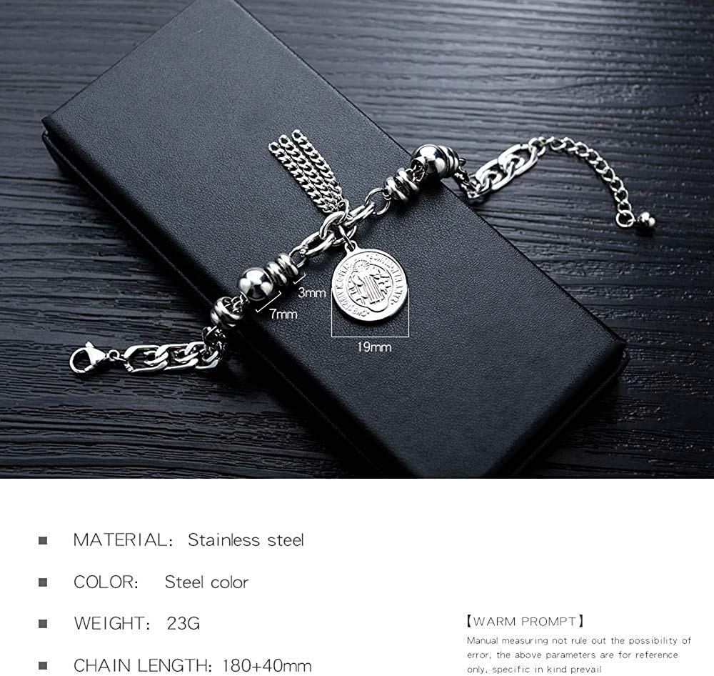 Rockyu レディースブレスレット シルバー チタン 円珠 コイン刻印 トーテム 御守風