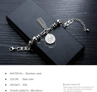 Rockyu レディースブレスレット シルバー チタン 円珠 コイン刻印 トーテム 御守風