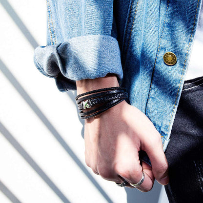 Rockyu ブレスレット メンズ ブラック レザー 多重巻き 無限大デザイン 編み込み バングル