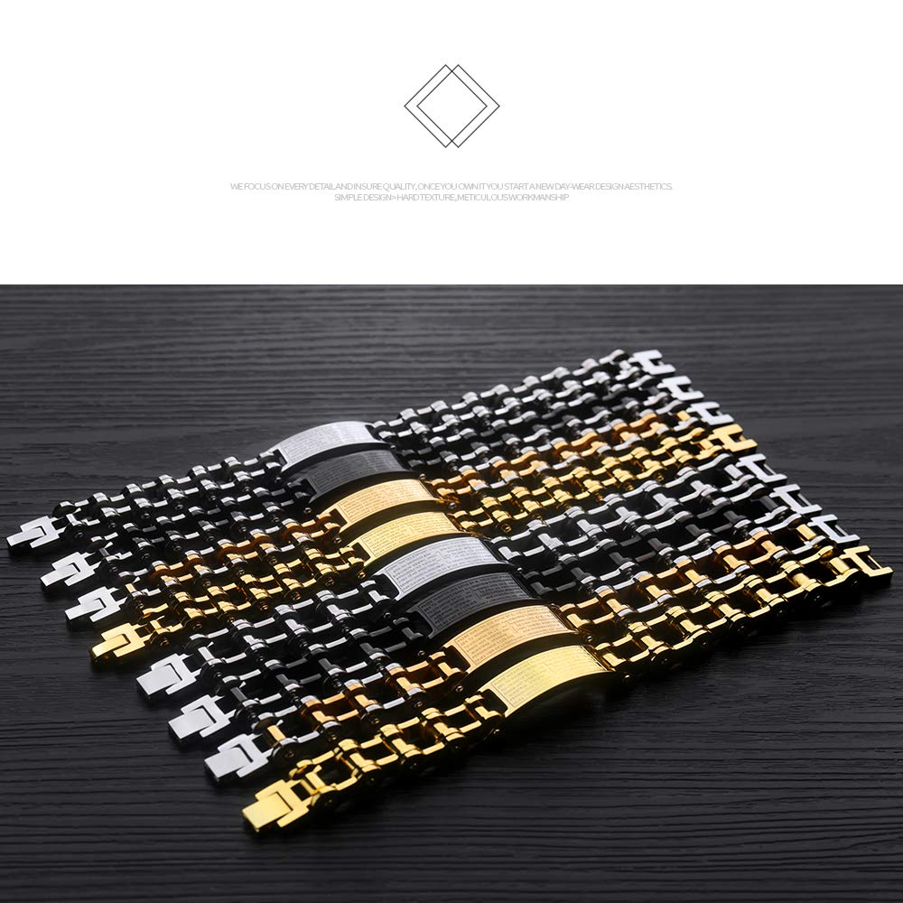 Rockyu メンズブレスレット 自転車チェーン風 ゴールド チタン製 プレート刻印 十字架 真言入り ハワイアン風 パーティーアクセサリー