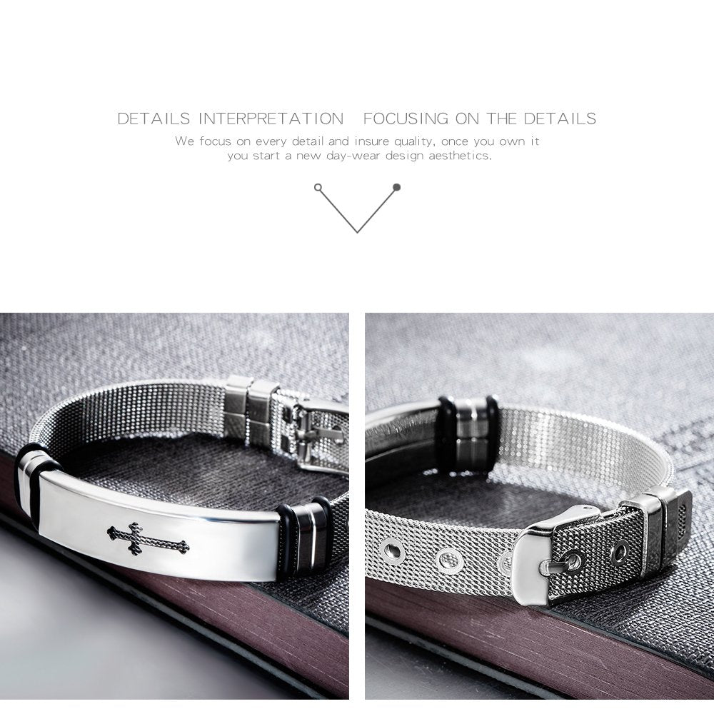 Rockyu メンズブレスレット｜クロスモチーフ ステンレス×シリコン 高級感ユニセックスデザイン