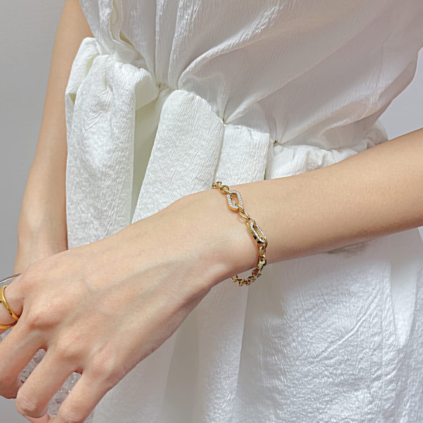 Rockyu ゴールドジルコニアリンクブレスレット ステンレス製 レディース