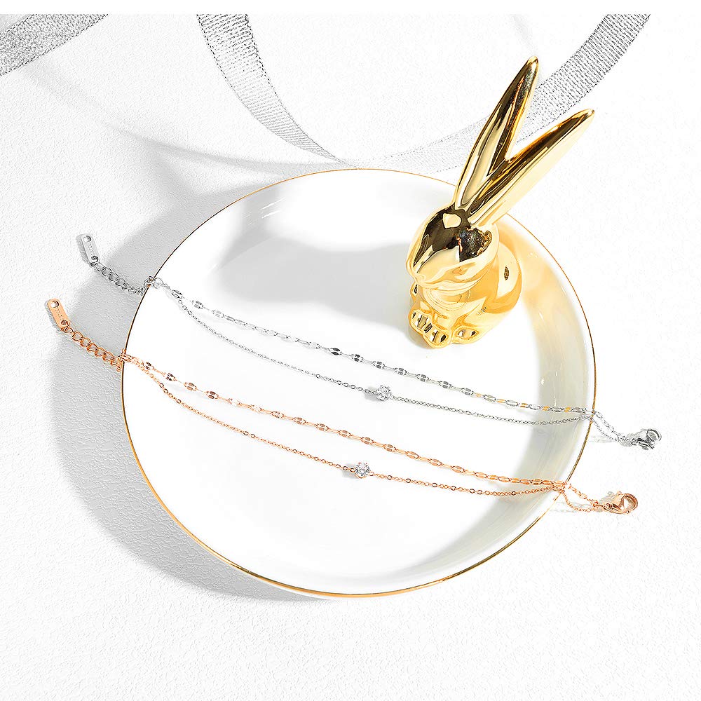 Rockyu アンクレット レディース ローズゴールド＆シルバー ダブルチェーン ジルコニア付き