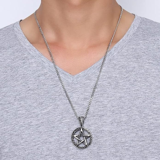 Rockyu ネックレス メンズ シルバー 五芒星ペンダント｜ヴィンテージ風 円形デザイン お守りジュエリー