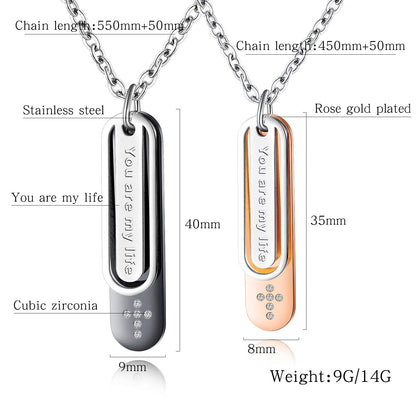 Rockyu ペアネックレス ステンレス＆ローズゴールド “You are my life” ジルコニア刻印入り チェーン付き
