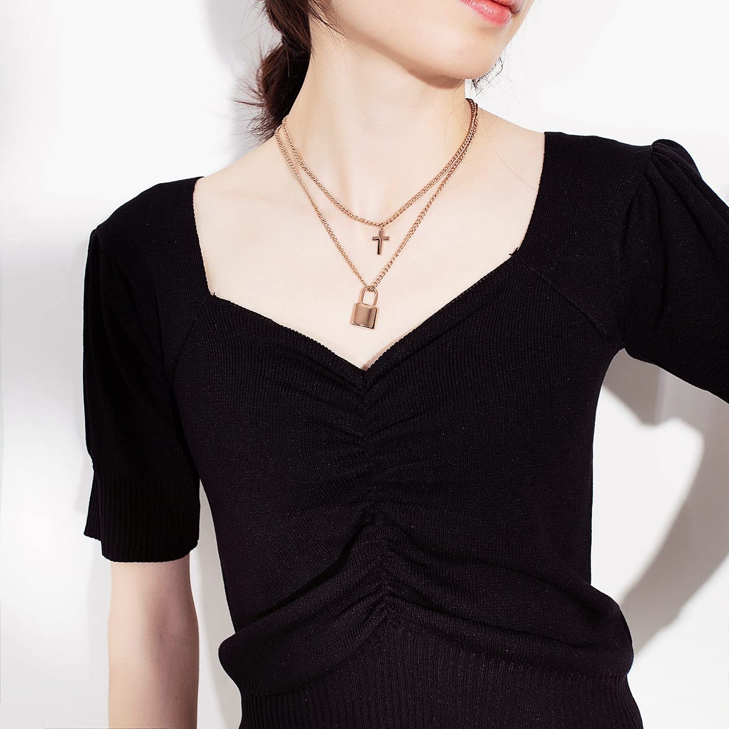 Rockyu レディース ネックレス 十字架 南京錠 ペンダント ピンクゴールド 18K チタン 2連チェーン