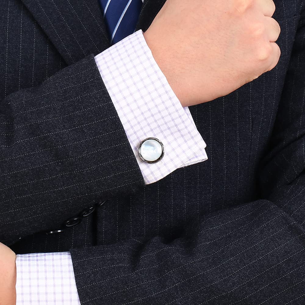 Rockyu カフスボタン メンズ ブラック×白蝶貝 円型 鏡面仕上げ ビジネス 通勤 就職祝い 父の日 プレゼント