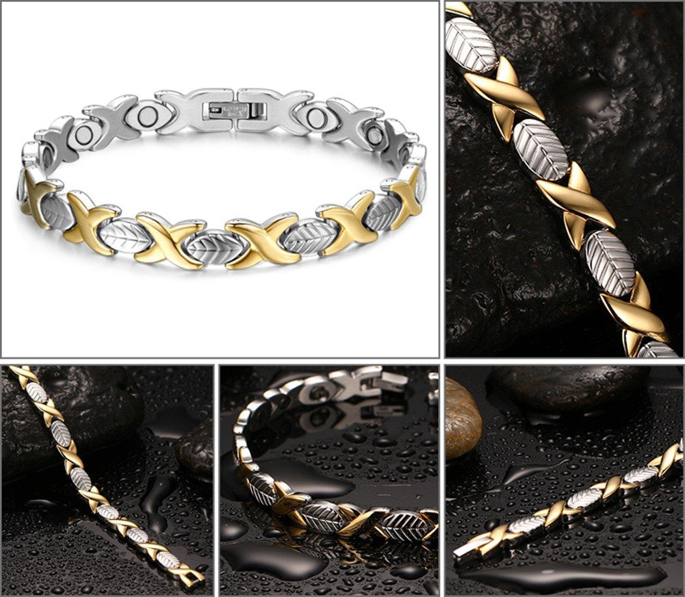 Rockyu ブレスレット レディース 磁気 シルバー＆ゴールド ゲルマニウム 健康ステンレス腕輪