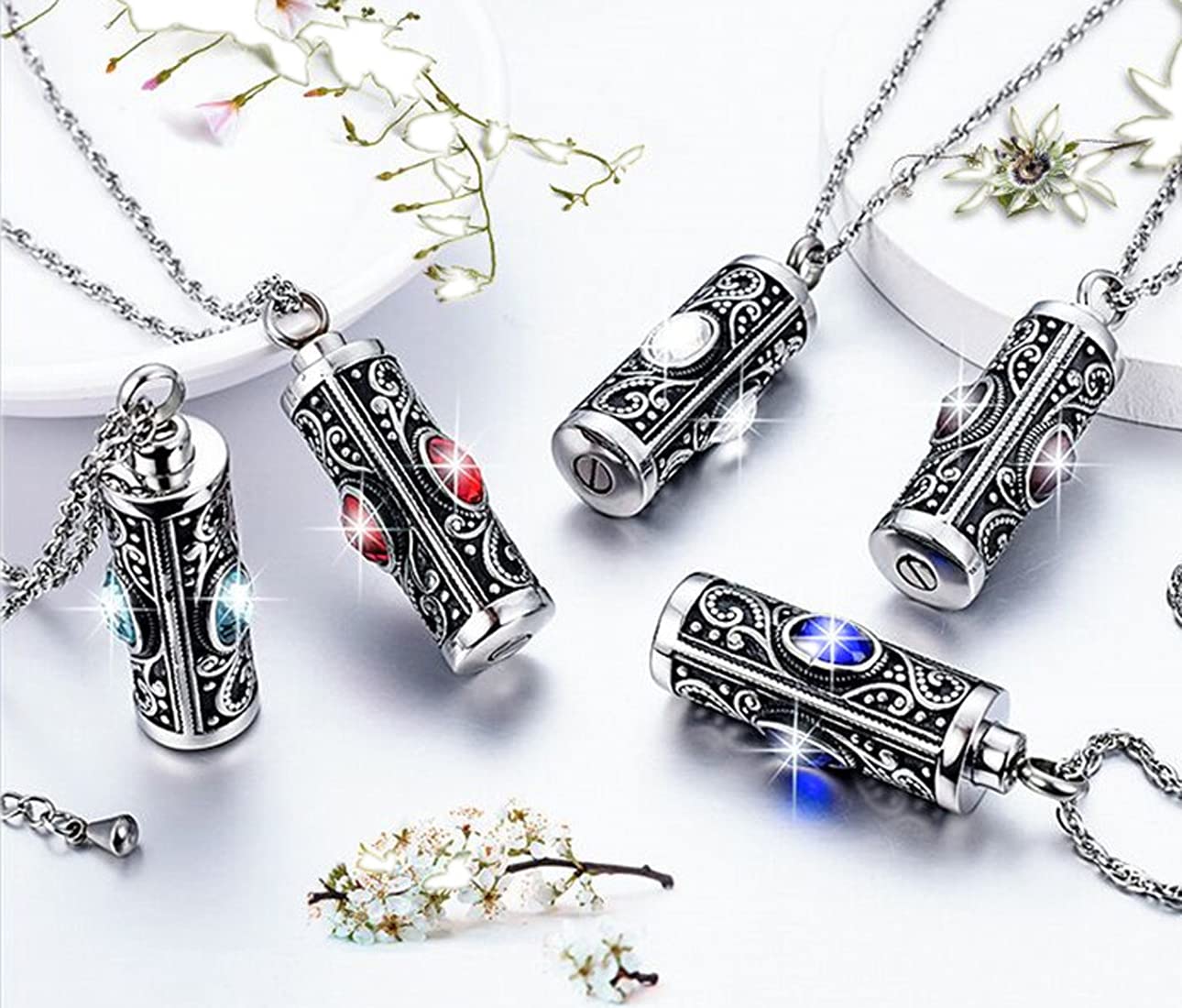 Rockyu ネックレス メンズ ステンレス シルバー 円柱 ジルコニア メモリアルペンダント 手元供養 遺骨ネックレス