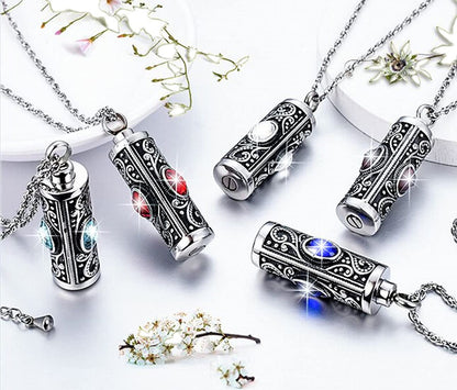 Rockyu ネックレス メンズ ステンレス シルバー 円柱 ジルコニア メモリアルペンダント 手元供養 遺骨ネックレス