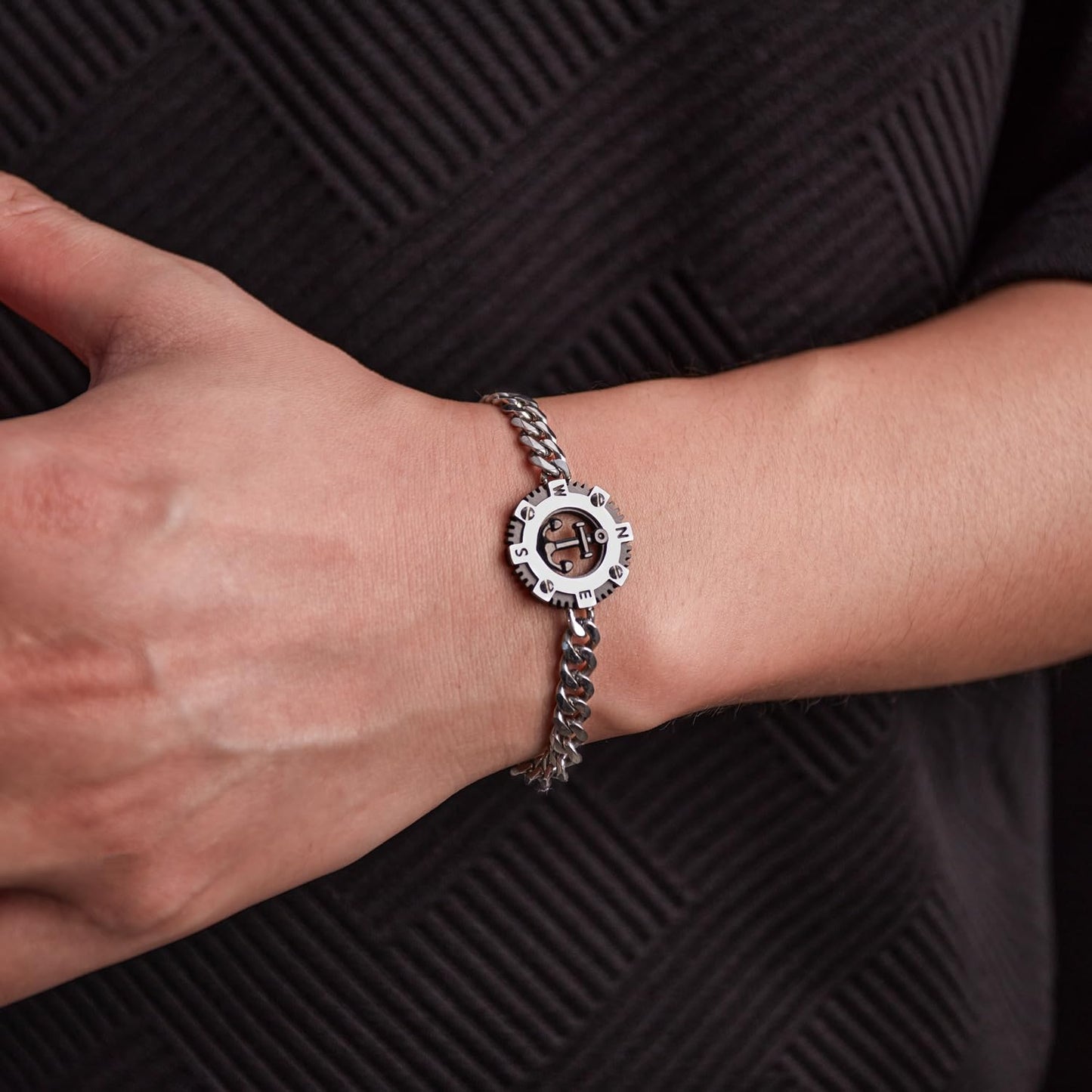 Rockyu ステンレス 錨コンパスデザイン メンズブレスレット 喜平チェーン