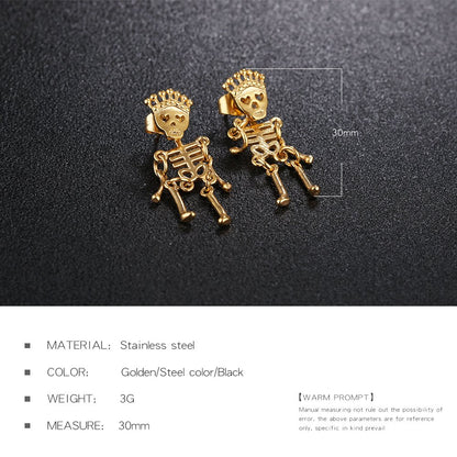 Rockyu スケルトンクラウンピアス｜揺れるドクロデザイン・ユニセックス・3色展開（ブラック/ゴールド/シルバー）
