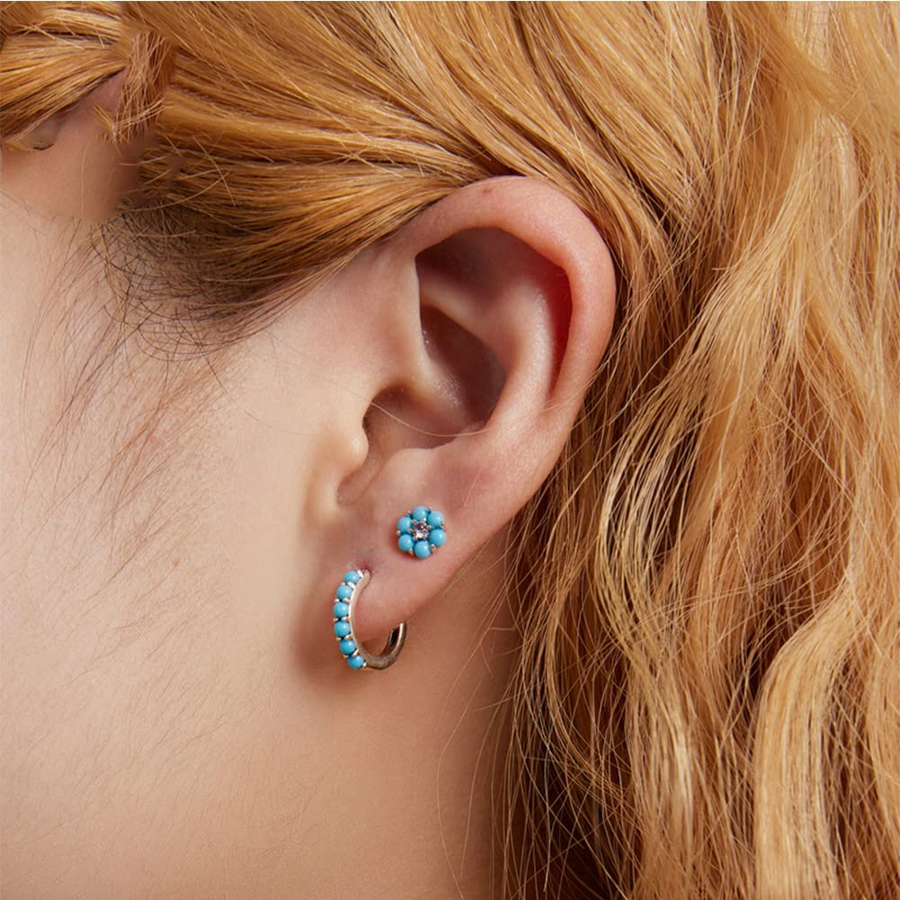 Rockyu ピアス レディース フープ シルバー925 ターコイズ 緑松石 金属アレルギー対応