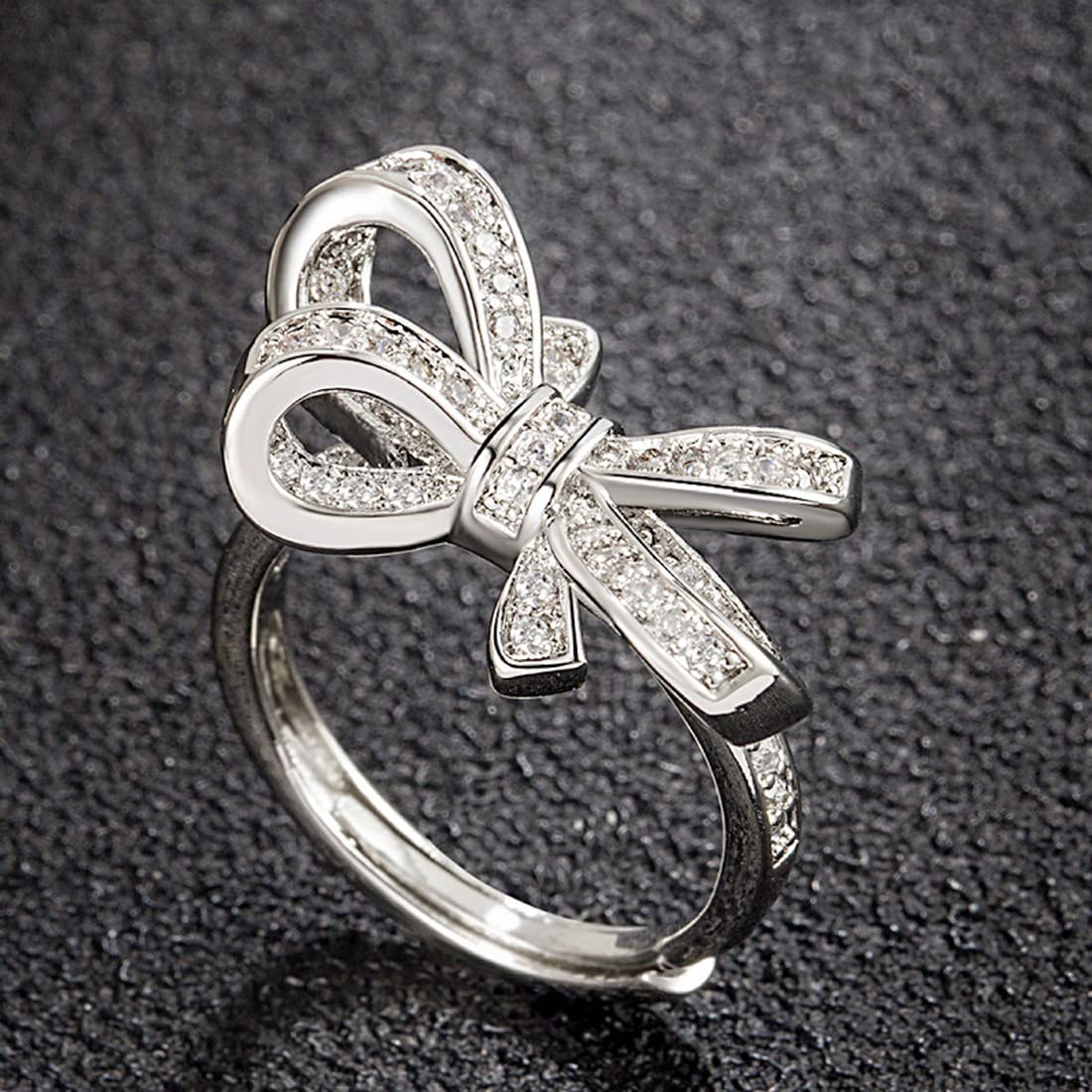 Rockyu レディース フリーサイズ リボンリング｜ピンクゴールド＆シルバー 多粒ダイヤ風デザイン