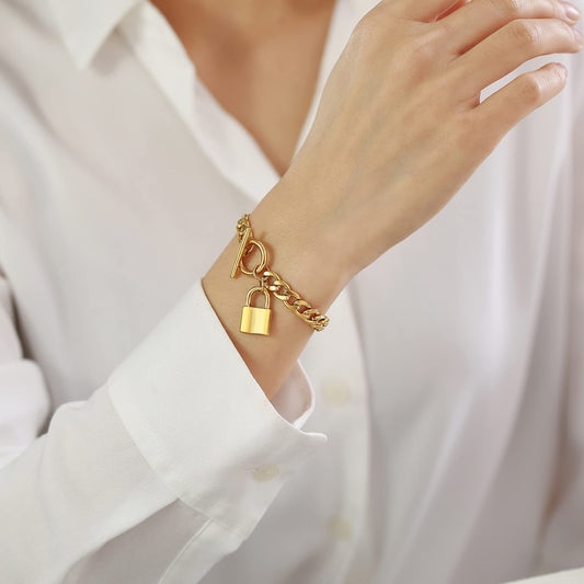 Rockyu レディース ブレスレット ゴールド ステンレス OTチェーン 喜平 マンテル 南京錠 アクセサリー