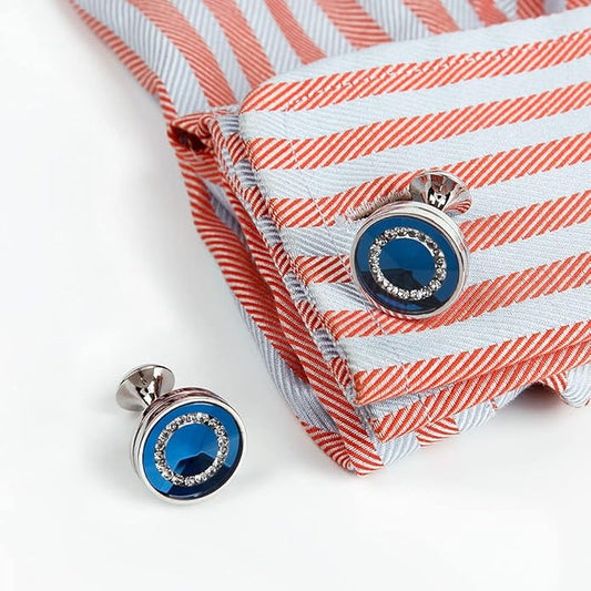 Rockyu メンズカフス ラウンドデザイン 大粒クリスタル シルバー ネイビーブルー カフリンクス