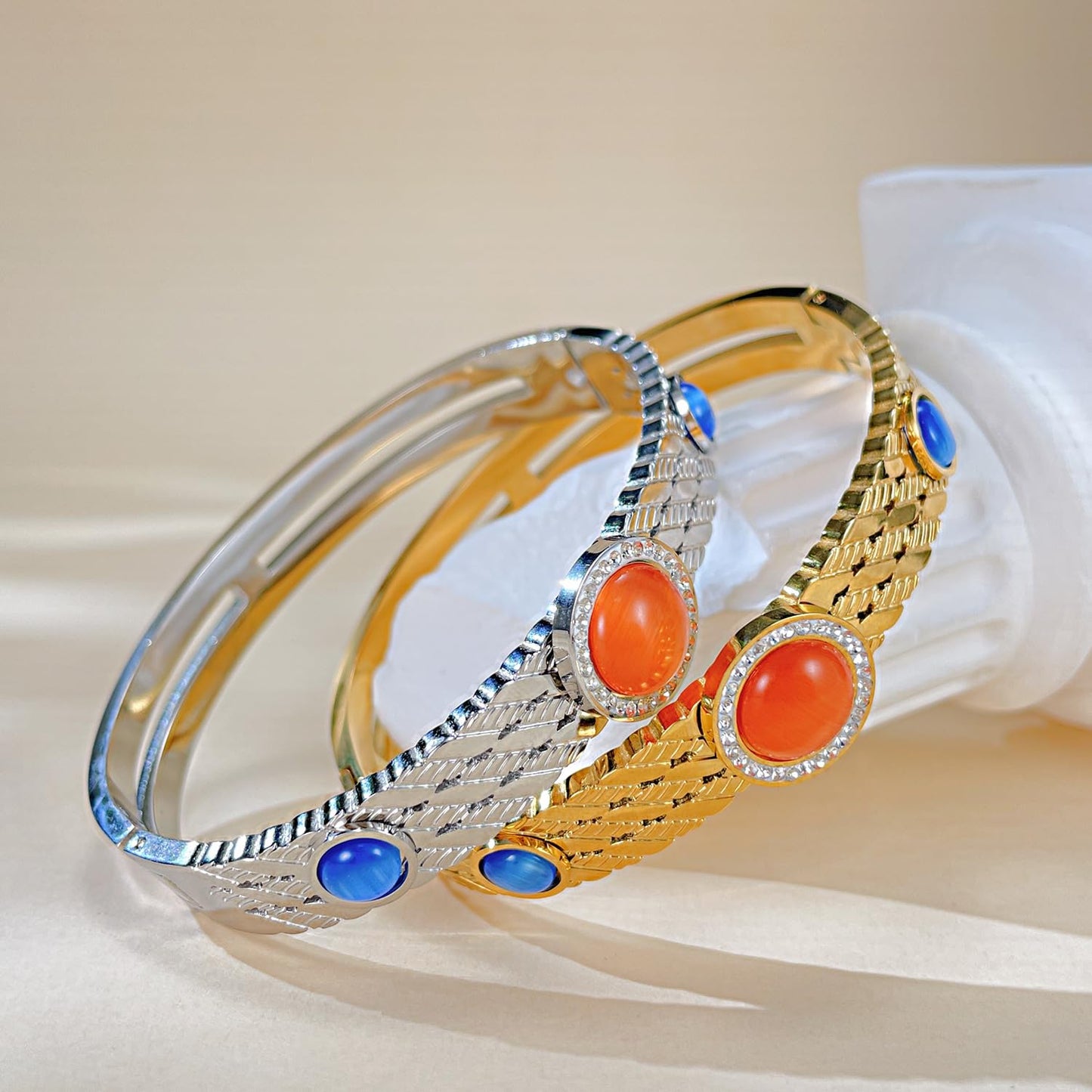 Rockyu レディース バングル ゴールド・シルバー 天然石＆ジルコニア付き ステンレス 金属アレルギー対応 高級感