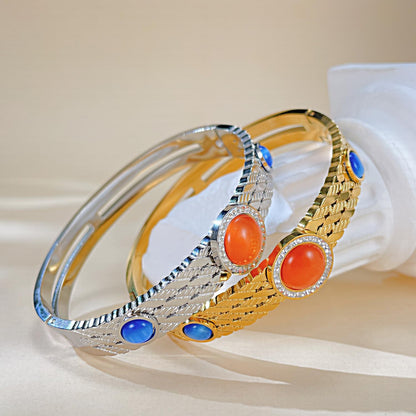 Rockyu レディース バングル ゴールド・シルバー 天然石＆ジルコニア付き ステンレス 金属アレルギー対応 高級感