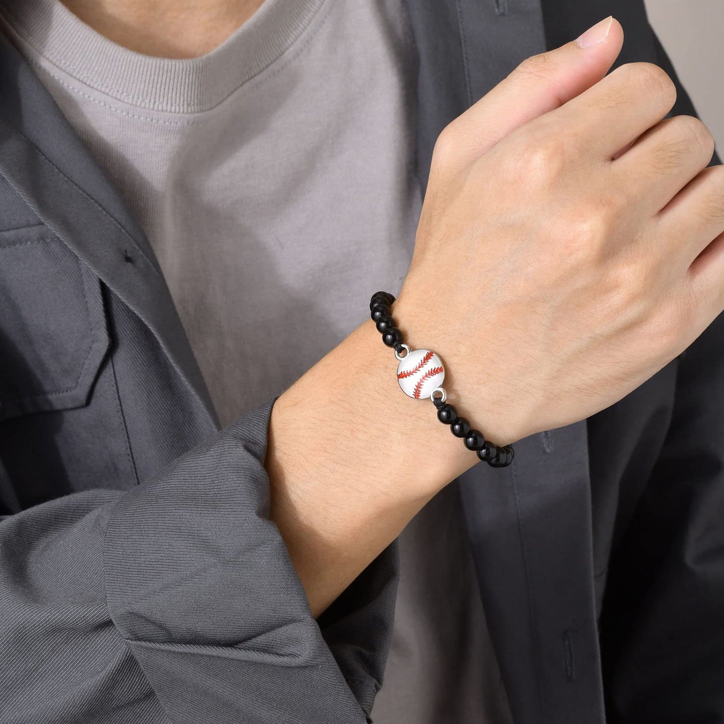 Rockyu ブレスレット メンズ レディース 野球ボールデザイン 数珠ブレスレット ブラック オニキス ステンレス 金属アレルギー対応 スポーツ ファン ギフト