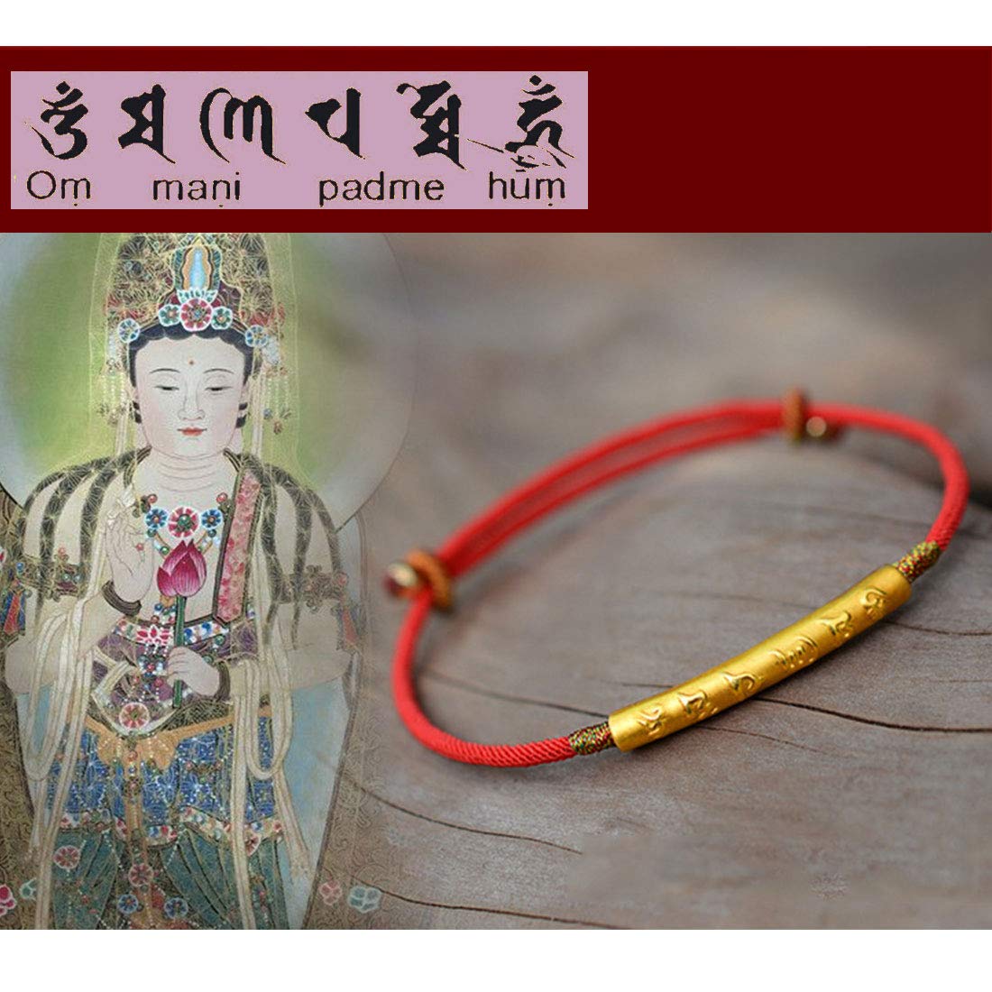 Rockyu ブレスレット レディース 六字真言 ゴールド 紐チェーン シルバー調整可能