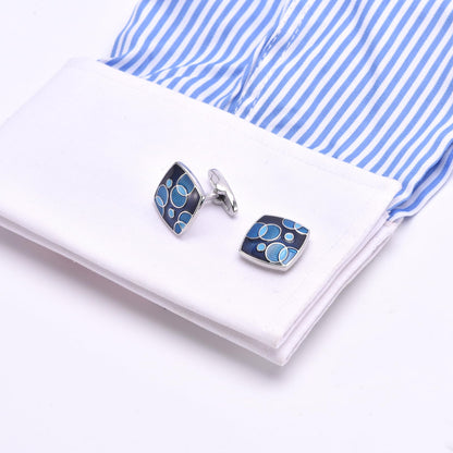 Rockyu ネクタイピン＆カフスセット メンズ シルバー ブルー幾何学模様 ビジネス・結婚式用 ギフト