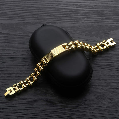 Rockyu メンズブレスレット 自転車チェーン風 ゴールド チタン製 プレート刻印 十字架 真言入り ハワイアン風 パーティーアクセサリー