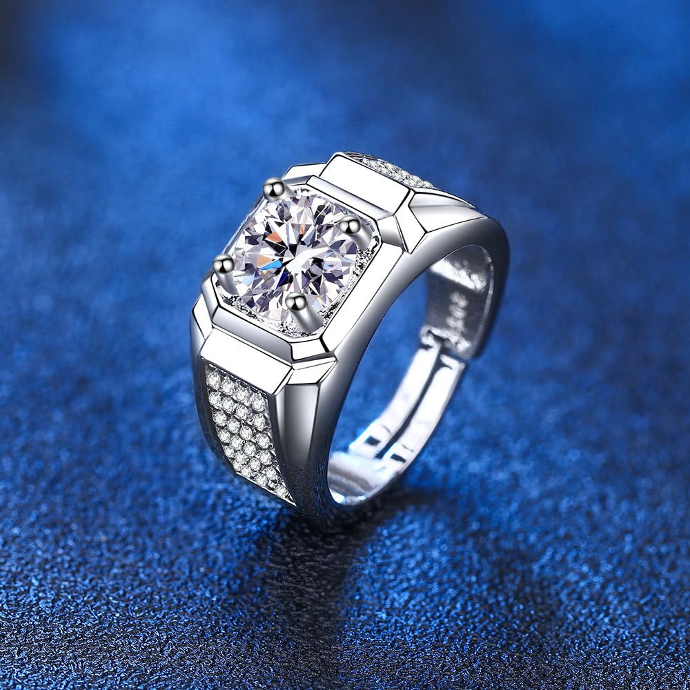 Rockyu メンズリング 大粒ジルコニア シルバー調 フリーサイズ 光沢仕上げ