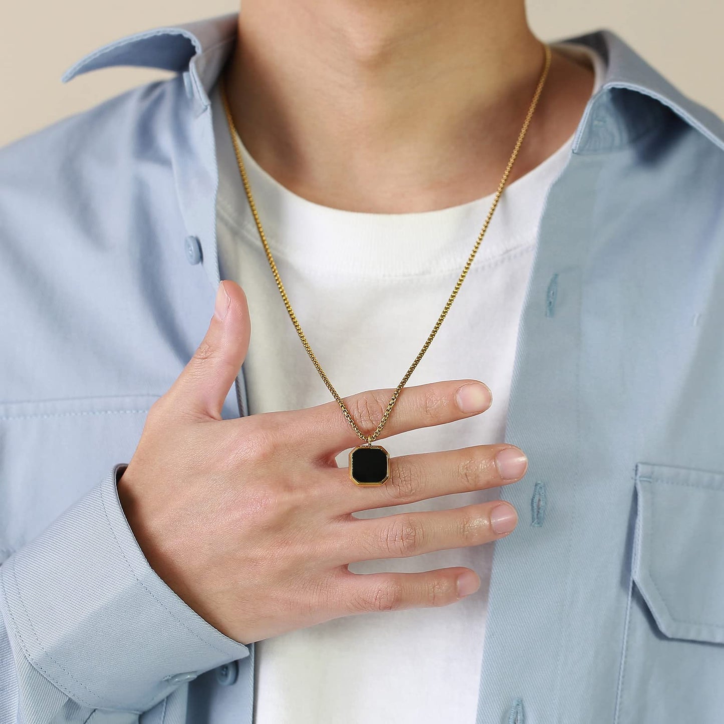 Rockyu スクエアペンダントネックレス｜天然石×ステンレス 60cmチェーン メンズ