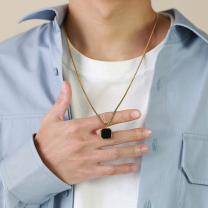 Rockyu スクエアペンダントネックレス｜天然石×ステンレス 60cmチェーン メンズ