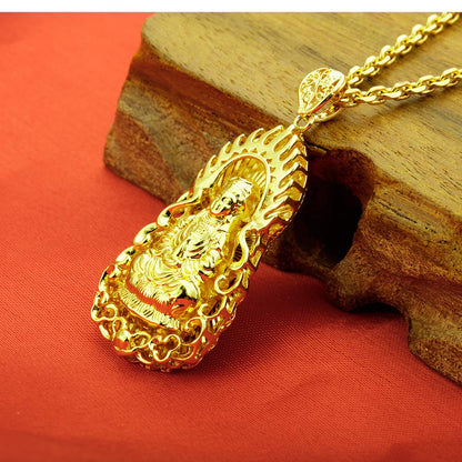 Rockyu ゴールド観音菩薩ネックレス メンズ 開運ステンレスロングチェーン付き