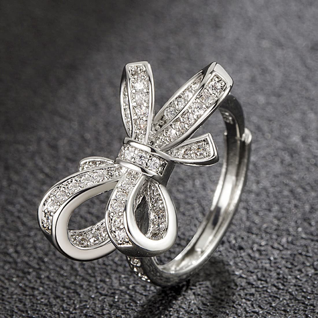 Rockyu レディース フリーサイズ リボンリング｜ピンクゴールド＆シルバー 多粒ダイヤ風デザイン