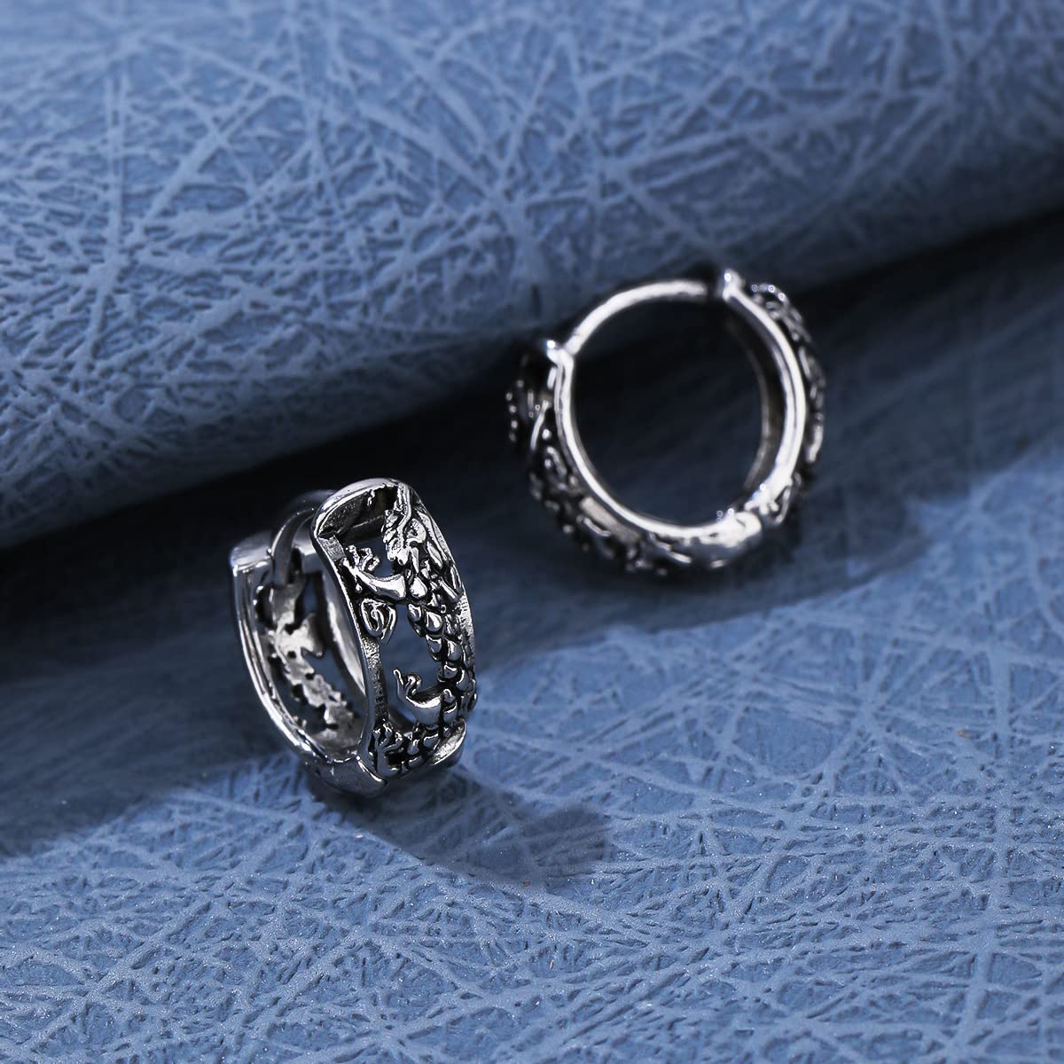 Rockyu メンズ シルバー フープピアス ステンレス鋼 金属アレルギー対応 ヴィンテージチェーン デザインリング