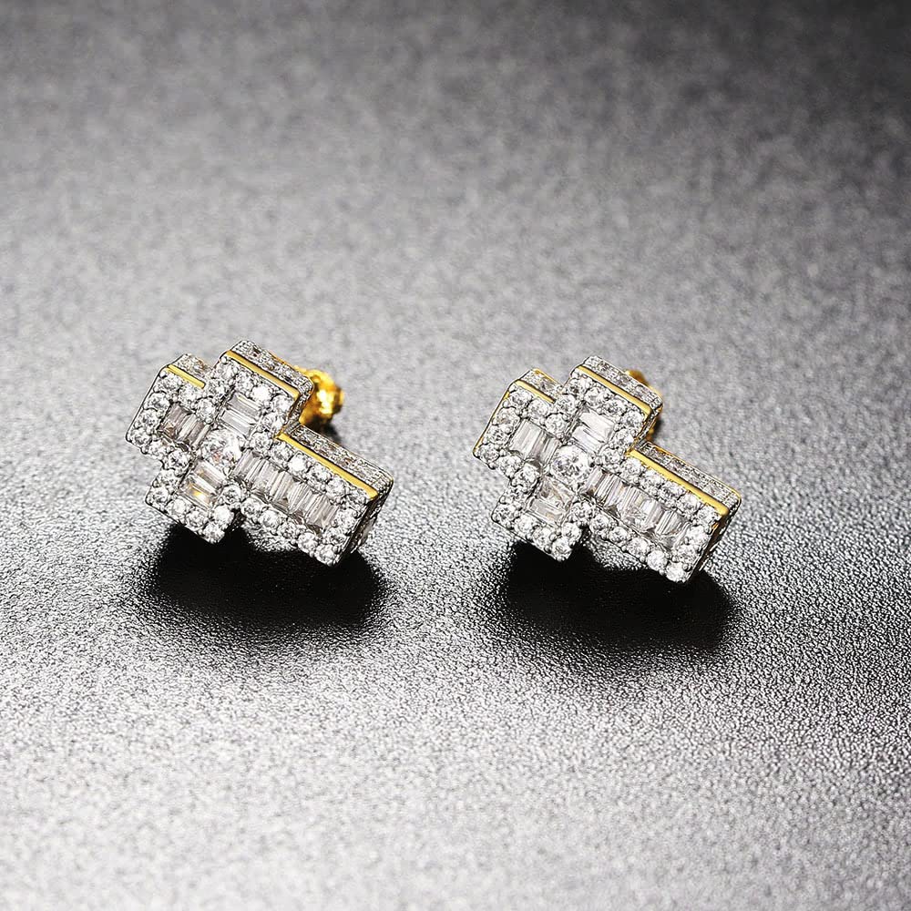 [Rockyu] ピアス メンズ ネジ式 シルバー ゴールド ジルコニア 立体 クロス 十字架ピアス CZダイヤ スタッドピアス 銅製 金属アレルギー対応 おしゃれ 誕生日 プレゼント アクセサリー