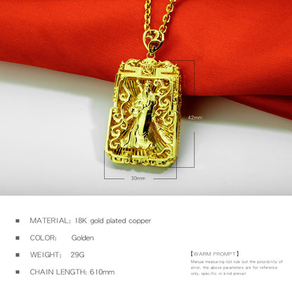 Rockyu メンズネックレス ゴールド 18金メッキ ペンダント 関公モチーフ プレートデザイン お守り風アクセサリー
