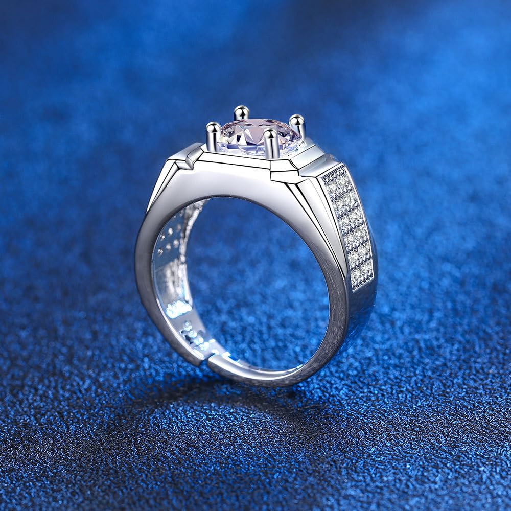 Rockyu メンズリング 大粒ジルコニア シルバー調 フリーサイズ 光沢仕上げ