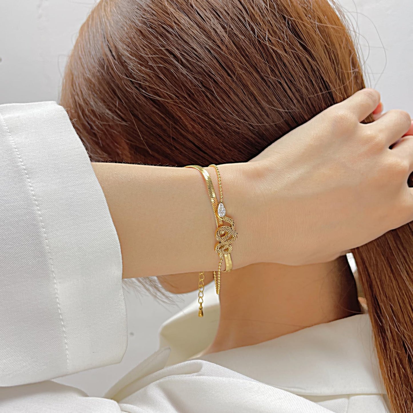 Rockyu ブレスレット レディース ゴールド 蛇モチーフ 2連ステンレス ジルコニアブレスレット