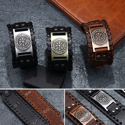 Rockyu 幅広レザーブレスレット メンズ 羅針盤プレート＆ルーン刻印 本革＆PU素材