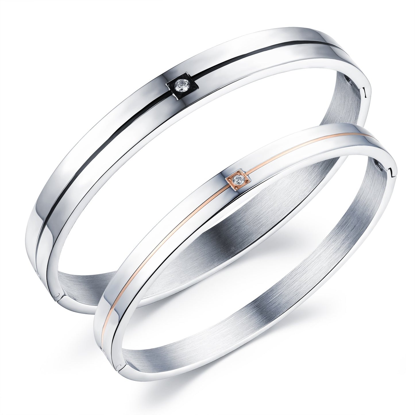 Rockyu ペアブレスレット メンズ レディース チタン製 ダイヤ付き シルバー/ブラック シンプル バングル 幅8mm