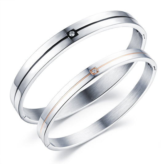 Rockyu ペアブレスレット メンズ レディース チタン製 ダイヤ付き シルバー/ブラック シンプル バングル 幅8mm