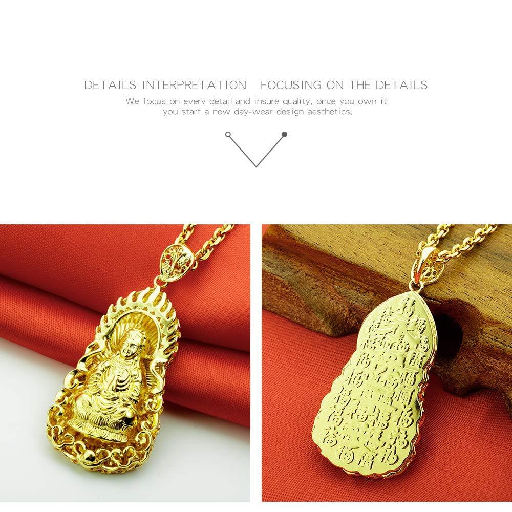 Rockyu ゴールド観音菩薩ネックレス メンズ 開運ステンレスロングチェーン付き