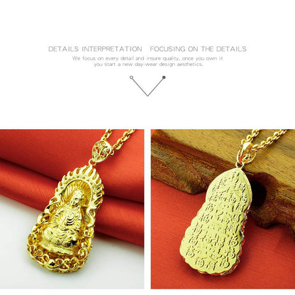 Rockyu ゴールド観音菩薩ネックレス メンズ 開運ステンレスロングチェーン付き