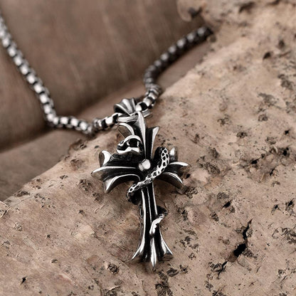 Rockyu 蛇×クロスデザイン ステンレスネックレス【十字架ペンダント】